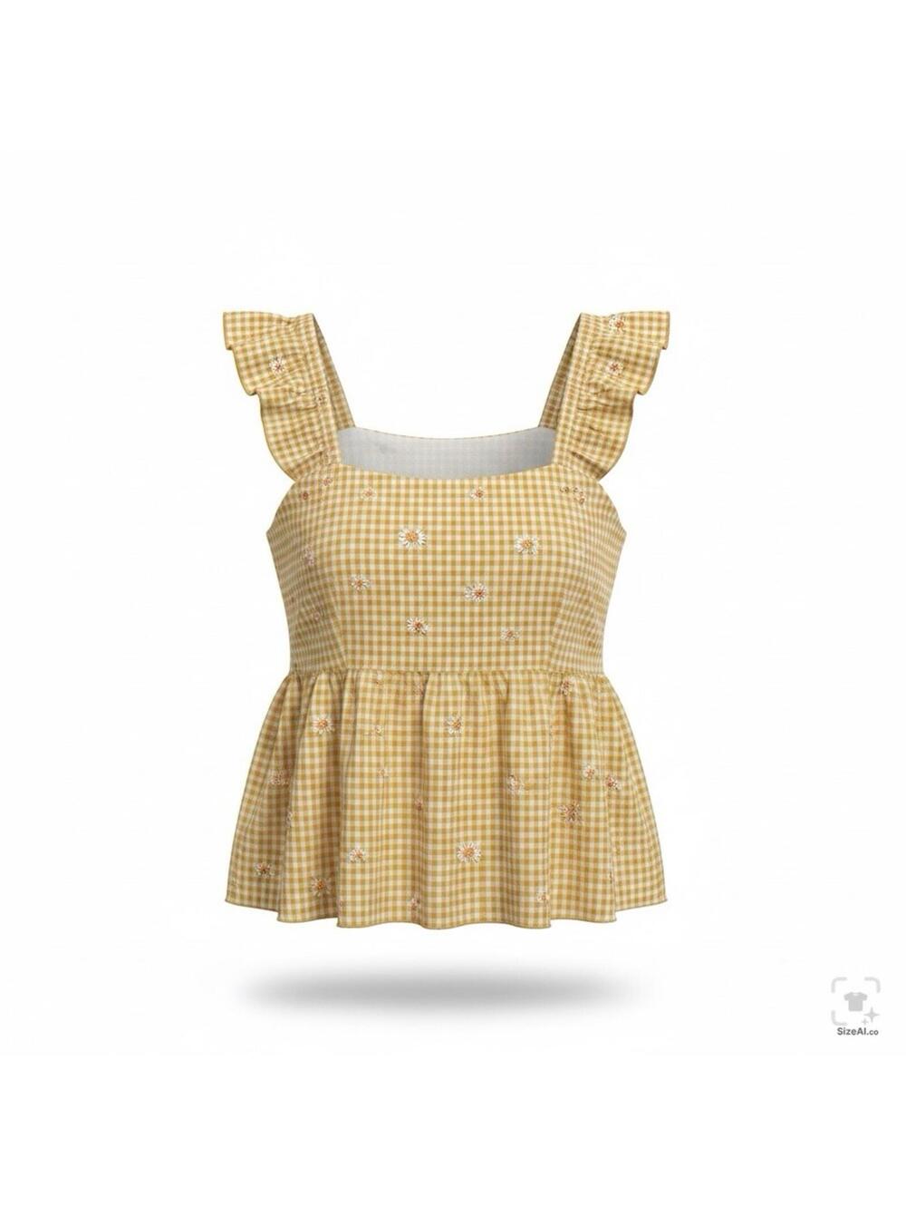 KIRIOUS LOS ANGELES Gingham Daisy Embroidered Ruffle Strap Tank Top S